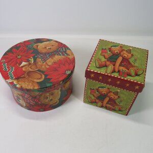 Teddy Bear (2) gift boxes Christmas Holiday (Warm Jewel Tone Colors)